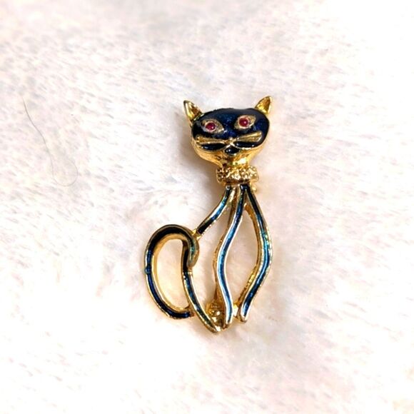 Vintage 80's Enamel and Goldtone Cat Brooche - Picture 2 of 9